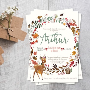 Invitation baptême garçon ou fille au thème forêt pour un faire part renard et biche tendance. Une invitation baptême remplie de douceur !