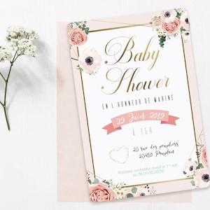 Lot de 12 Invitations Baby Shower au thème élégant fleurs pastel et or.