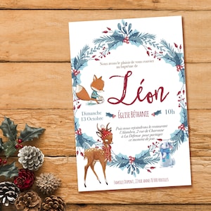Faire part baptême garçon ou fille au thème forêt hivernale avec son renard et sa biche tendance.