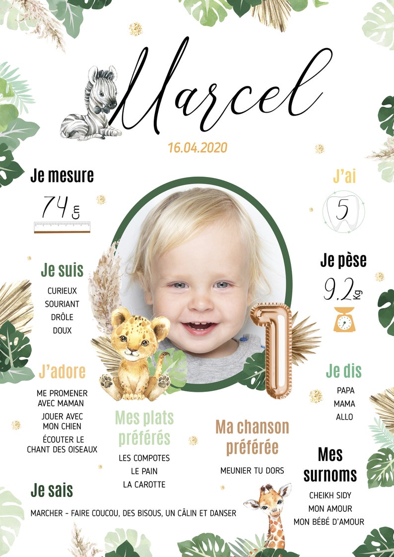 May include: A green and white illustrated poster with a photo of a baby boy. The poster includes information about the baby's age, weight, height, favorite foods, songs, and nicknames. The poster is decorated with jungle animals, including a zebra, lion, giraffe, and a number one balloon.