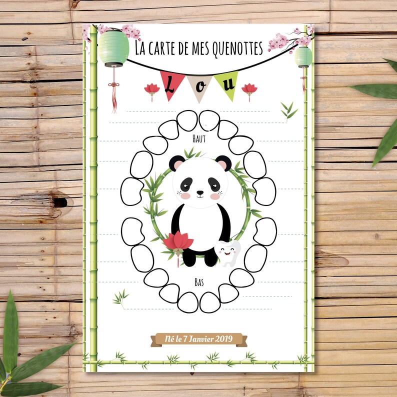 Affiche carte quenotte pour immortaliser les premières dents de bébé sur le thème panda - Créatrice ETSY : OmadeCreation