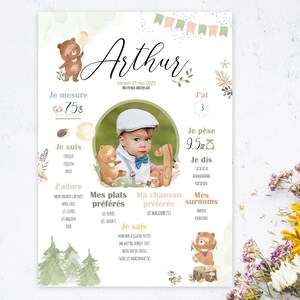 Póster personalizado de cumpleaños o bautizo infantil - Bosque encantado con adorables ositos.