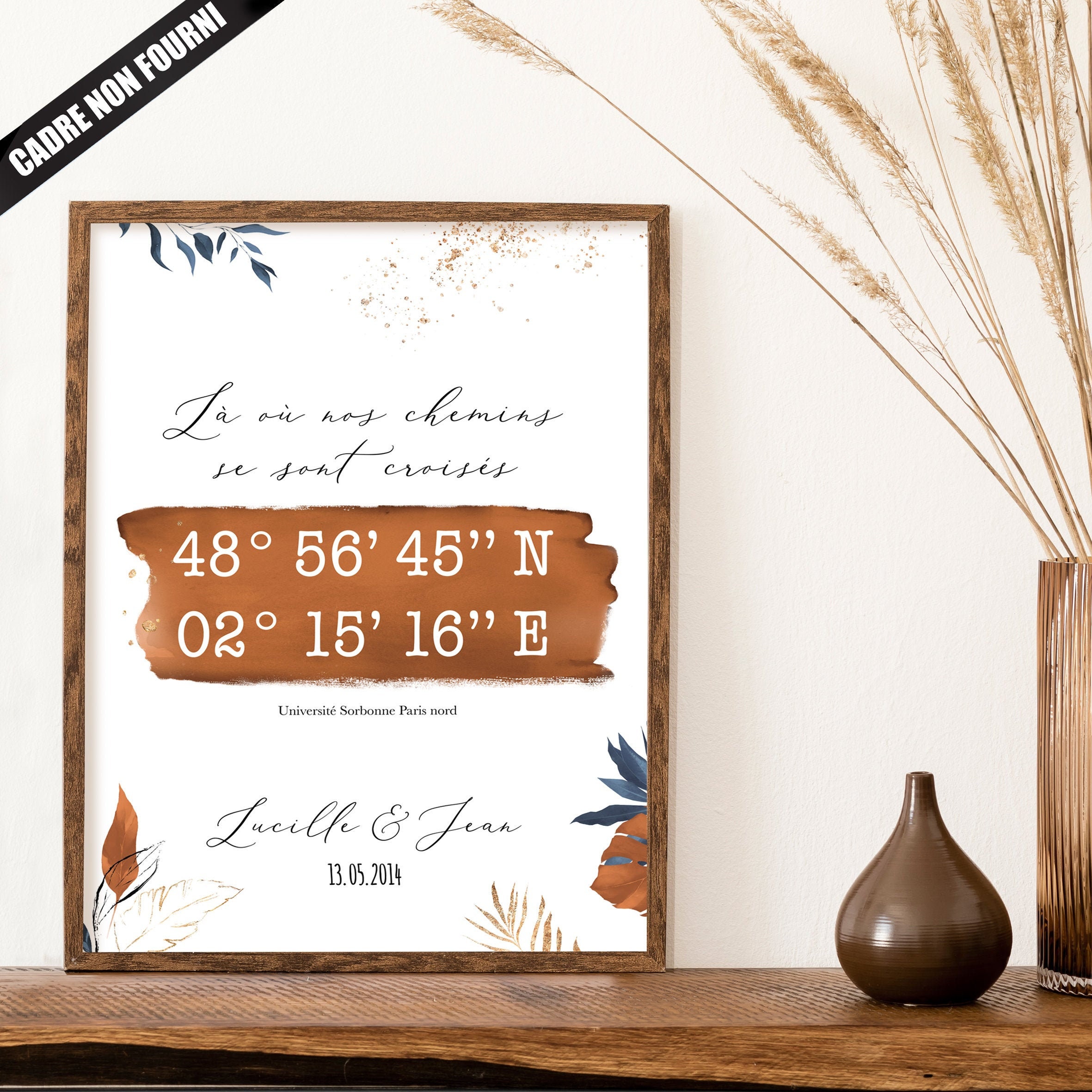 Affiche Cadeau Couple, Coordonnées Gps de Mariage ou Saint Valentin. Omade