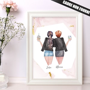 Cadeau meilleure amie, portrait personnalisé best friends pour un cadeau original, sur-mesure. Thème Rose et or. Evjf cadeau