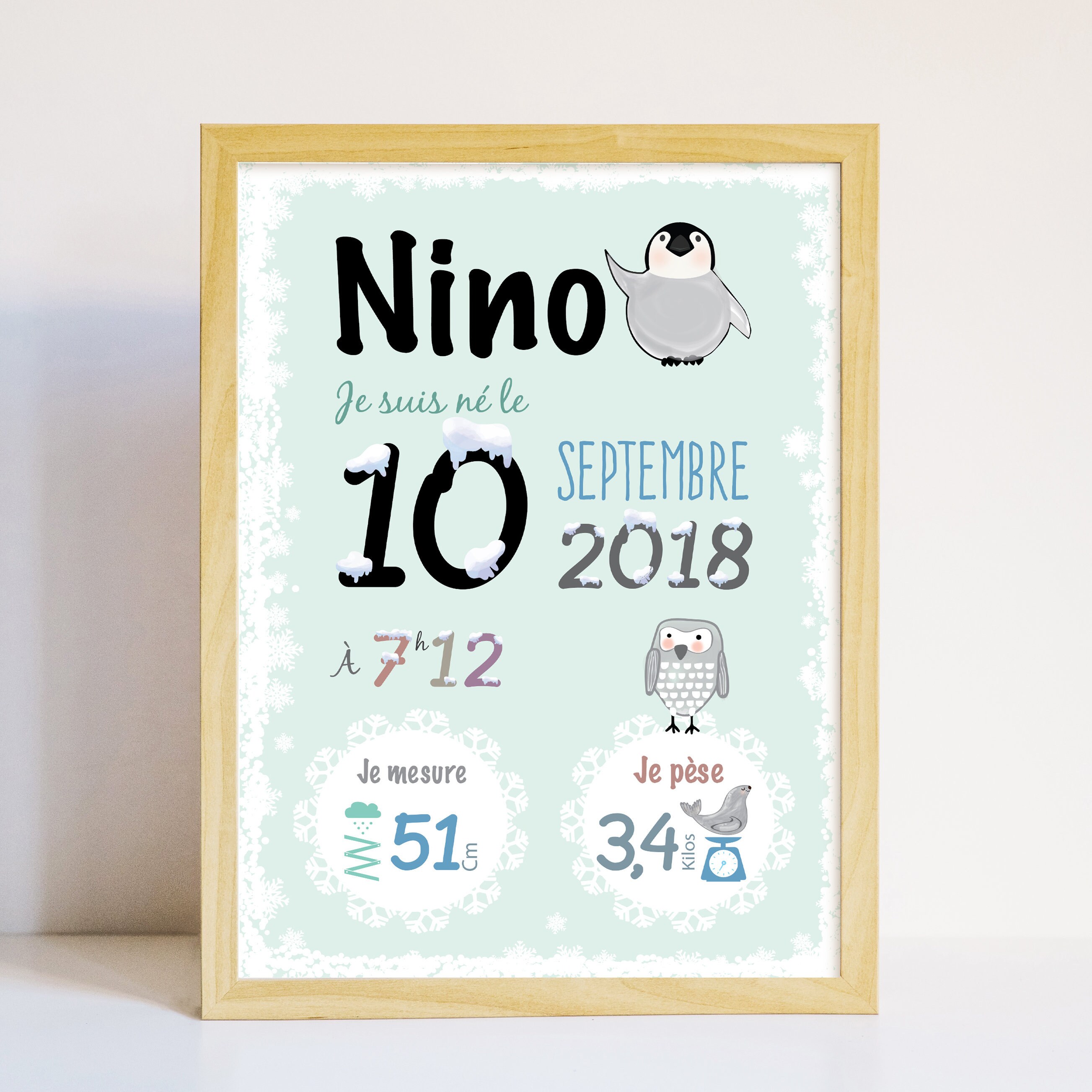 Affiche Bébé - Affiche Naissance Pingouin Cadeau Décoration Chambre Mint