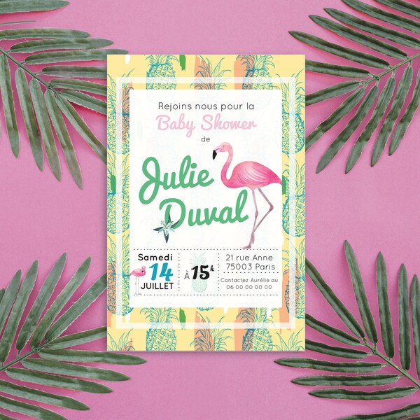 Invitations pour baby shower tropical avec son flamant rose et motifs ananas - Lot de 12 invitations baby shower, impression professionnelle