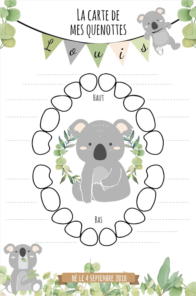 Carte Quenottes bébé - Cartes dents de lait bébé - Carte dents de bébé - Carte personnalisée bébé - thème Koala image 2