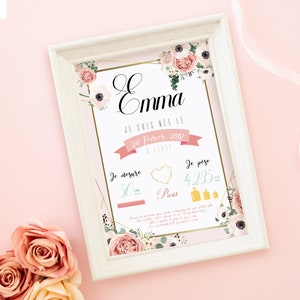 Affiche naissance pour fille avec un univers de fleurs aux couleurs pastel et or. Un univers de princesse pour décorer la chambre de bébé.