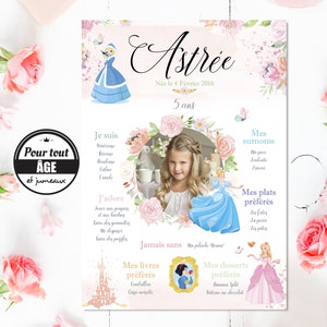 Affiche anniversaire personnalisée Thème princesse Disney pour fille. Made in France