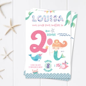 Invitation anniversaire fille - Anniversaire Sirène - Carton invitation enfant - Carte Invitation princesse -  Fête thème sirène