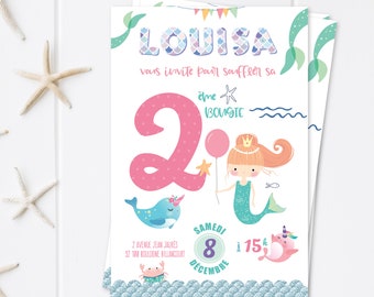 Invitation anniversaire fille - Anniversaire Sirène - Carton invitation enfant - Carte Invitation princesse -  Fête thème sirène