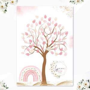 Peut inclure: Livre d'or avec un arbre à empreintes digitales rose et or, un arc-en-ciel et une couronne florale avec le nom Lyana et le texte Bapteme 01.01.2023.