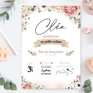 Souvenir Mon Premier Jour d'Ecole personnalisé pour la rentrée de votre enfant. Thème fleurs
