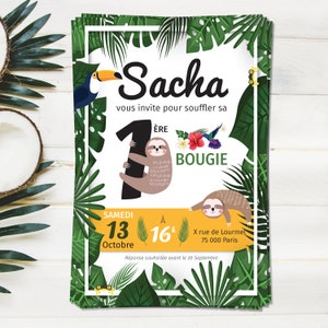 Invitation pour un anniversaire tropical, jungle avec son toucan et ses singes paresseux craquants ! Un thème pour fille et pour garçon !
