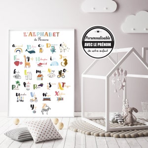 Affiche abécédaire enfant personnalisée avec le prénom de votre enfant. Idéal pour apprendre l'alphabet de façon ludique !