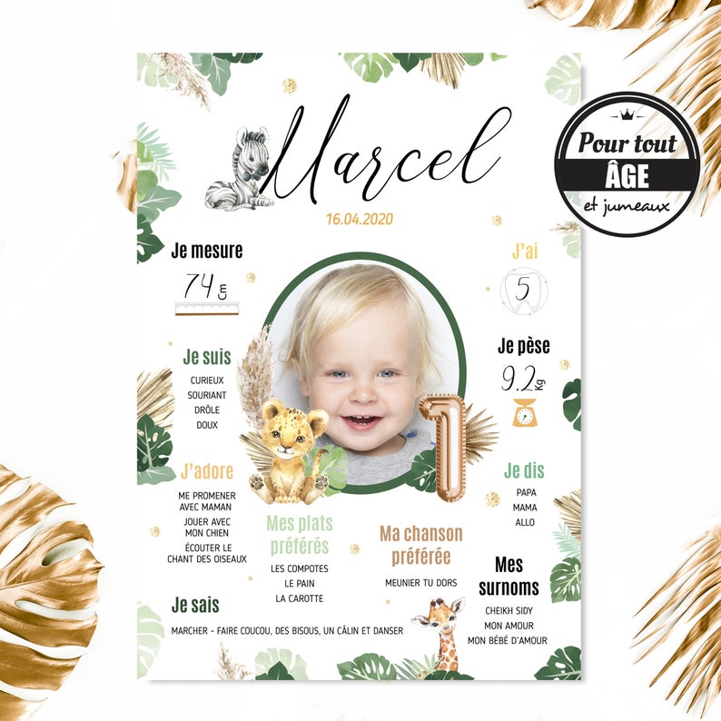 May include: A green and gold jungle-themed first birthday party invitation with a photo of a baby boy. The invitation includes the baby's name, Marcel, birthdate, and details about the baby's size and weight. The invitation also includes a list of the baby's favorite foods, songs, and nicknames.