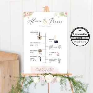 Peut inclure: Une affiche de planning de mariage avec un design floral aquarelle. L'affiche liste les événements de la journée de mariage, y compris la cérémonie, l'heure du cocktail, la réception et la première danse. L'affiche est personnalisée avec les noms "Alexa & Pierre" et la date "27.06.2020".