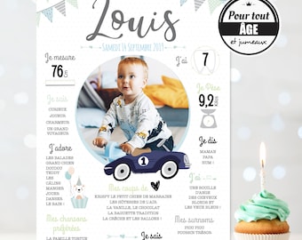 Cartel de cumpleaños Coche vintage y pastel. Póster de cumpleaños personalizado para niño y bebé.