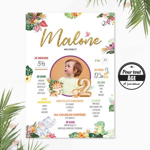 Affiche Personnalisée d'Anniversaire ou Baptême sur le Thème Safari, Jungle - Décoration Animaux de la Jungle pour Premier Anniversaire