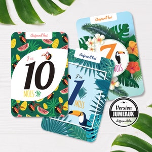 Cartes étapes bébé tropicales idéales en cadeau de naissance ou baby shower. Impression professionnelle.