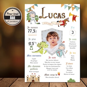 Cartel de cumpleaños de caballero, castillo fortificado. Póster personalizado para niño y bebé.
