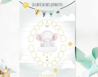 Carte Quenottes bébé - Cartes dents de lait bébé - Carte dents de bébé - Carte personnalisée bébé - thème éléphant, nuage