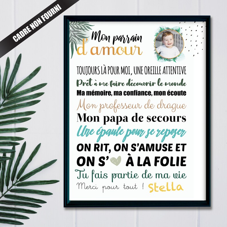 Cadeau Parrain : Affiche personnalisable à offrir pour le parrain de votre enfant, avec sa photo et signée par son prénom. image 1