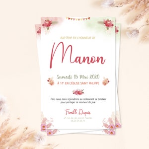 Faire part baptême champêtre pour fille avec ses fleurs séchées.