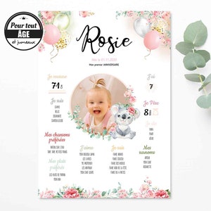 Póster personalizado de cumpleaños infantil, bebé con el tema Koala Girl