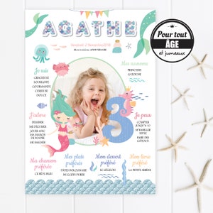 Cartel de cumpleaños de sirenita, mar para niña.