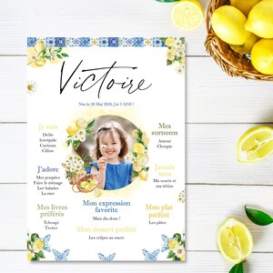 ¡Póster de cumpleaños infantil con flores de limón y margaritas en un ambiente soleado! Cartel ilustrado e impreso en Francia.