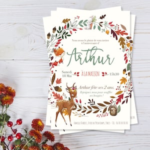 Invitation anniversaire enfant au thème forêt avec son renard et sa biche tendance. Un carton d'invitation renard doux pour garçon et fille.