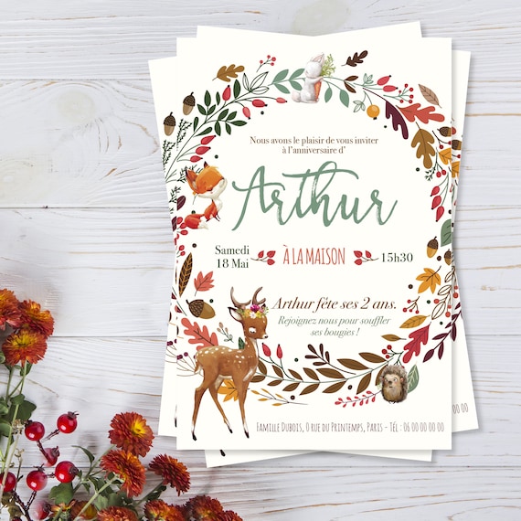Invitation anniversaire enfant au thème forêt avec son renard et sa biche tendance. Un carton d'invitation renard doux pour garçon et fille.