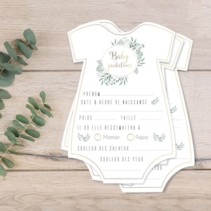 Baby Shower - Set van babyshower spelkaarten, voorspelling baby spelletjes, goud chique thema en bloemen - Kaart uitsnede in baby bodysuit
