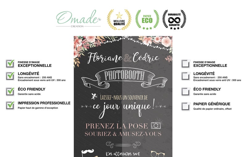 May include: A black and white chalkboard style photo booth sign with pink floral accents. The sign reads "Floriane & Cedric Photobooth Laissez-nous un souvenir de ce jour unique! Prenez la pose Souriez & Amusez-vous Des accessoires sont".