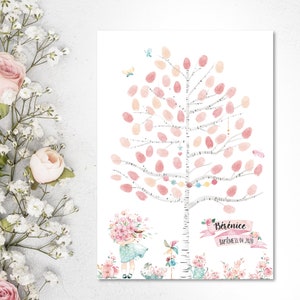 Personalized baptism or birthday fingerprint tree. Baptism decoration, Little girl theme and her flowers by Omade