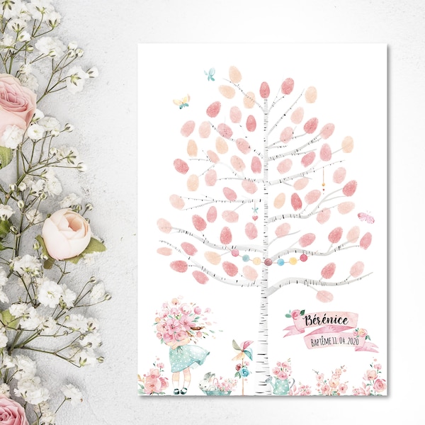 Arbre à empreintes baptême ou anniversaire  personnalisé. Deco baptême, Thème petite fille et ses fleurs par Omade