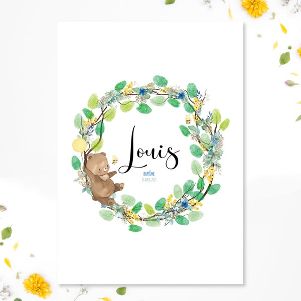 Arbre à empreinte baptême, baby shower couronne d'eucalyptus et fleurs avec son adorable ours et abeilles