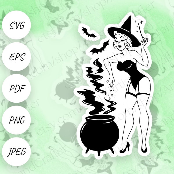 Sexy Pin Up Cauldron Potions Witch Retro Vintage Halloween SVG, EPS, Pdf, PNG, Jpeg | Handdrawn Digital Download