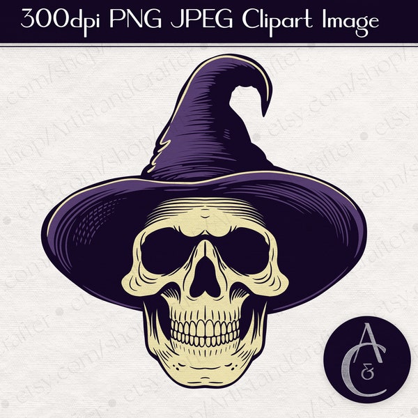 Skull and Witch Hat Halloween PNG JPEG Sublimation Digital Design Download | Skull png, With Hat png, Witch png