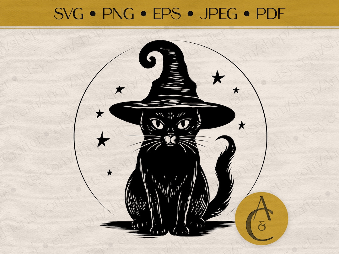 Cat Witch Hat Familiar Linocut Retro Vintage Halloween SVG, EPS, Pdf ...