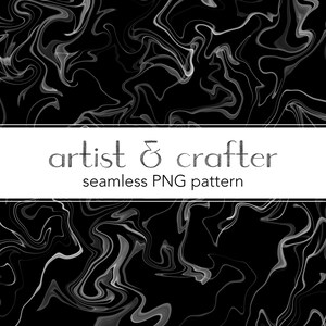 Puede incluir: Patrón abstracto sin costuras con líneas blancas en espiral sobre un fondo negro. El texto "artist & crafter seamless PNG pattern" está en la parte inferior de la imagen.