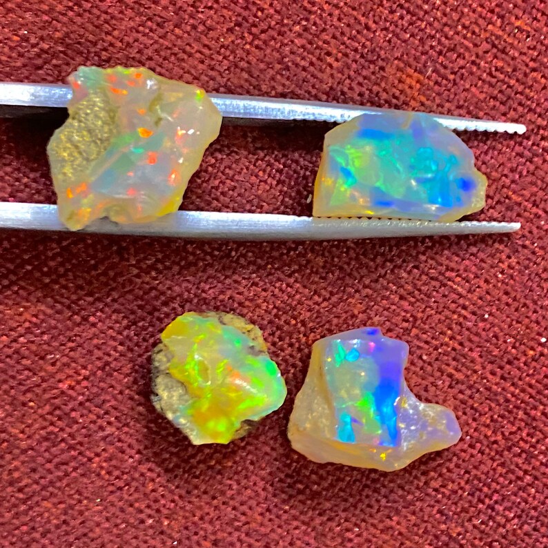 May include: Four raw opal gemstones with vibrant flashes of color. Two opals are held by a silver tweezer. The opals display a mix of yellow, orange, green, and blue hues, set against a neutral background.