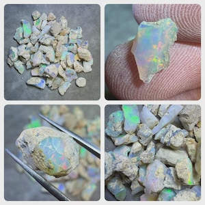 May include: A collection of raw, unpolished opal stones featuring irregular shapes and rough, sandy-textured surfaces. The stones display translucent white and cream bases with flashes of iridescent green, blue, and pink color play throughout.