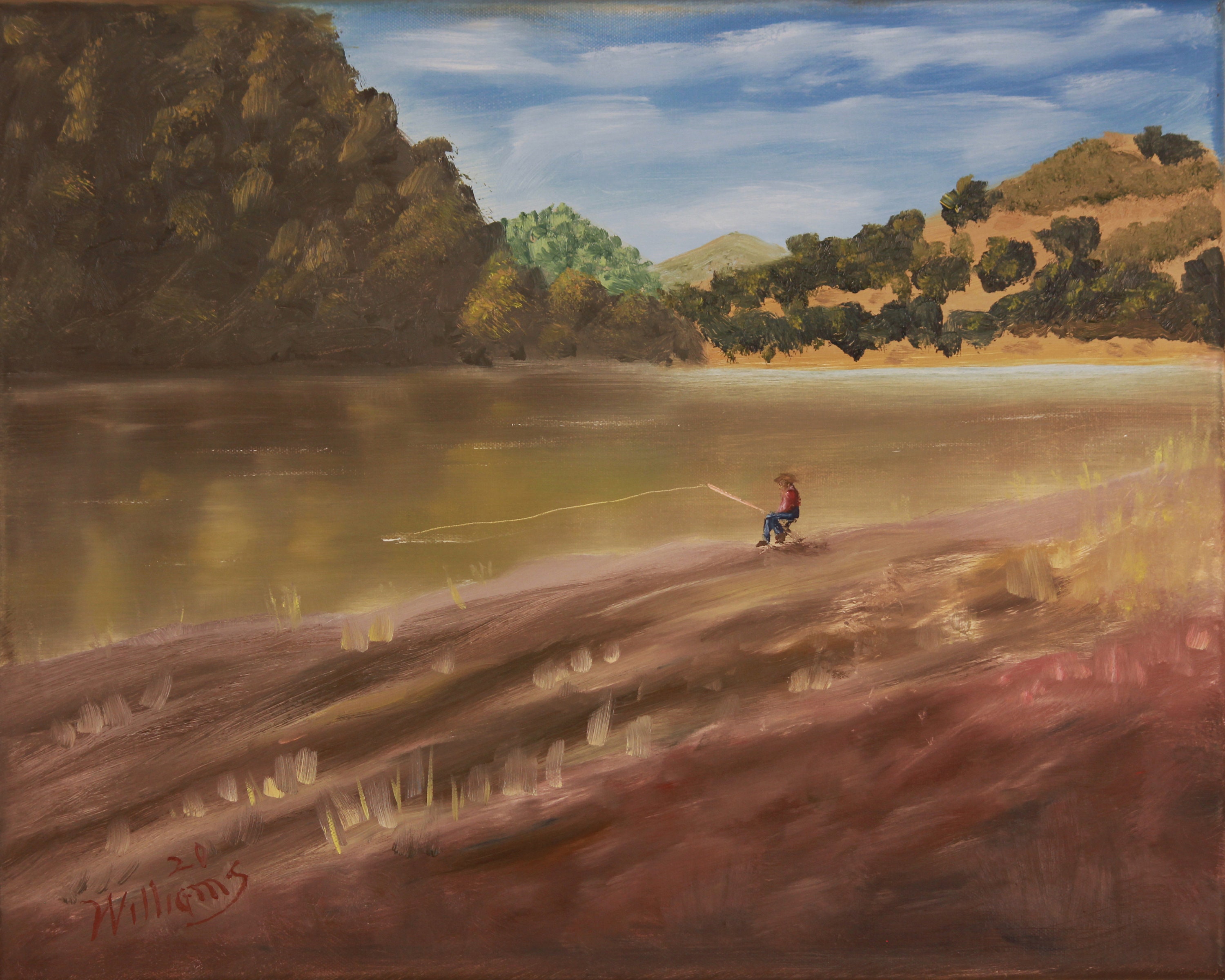 Fishing Original Oil Painting Fishing Wall Art Fisherman Lake Shore