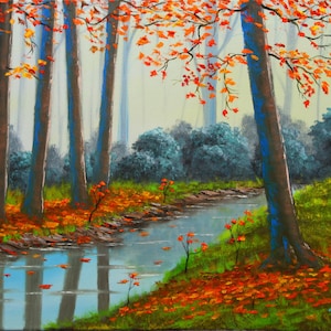 Puede incluir: Una pintura que representa una escena de bosque con un arroyo que lo atraviesa. Los árboles son principalmente marrones con acentos azules, y las hojas son una mezcla de naranja, rojo y amarillo. El arroyo es de color azul claro y refleja los árboles y el cielo. La pintura está firmada "Williams" en la esquina inferior derecha.