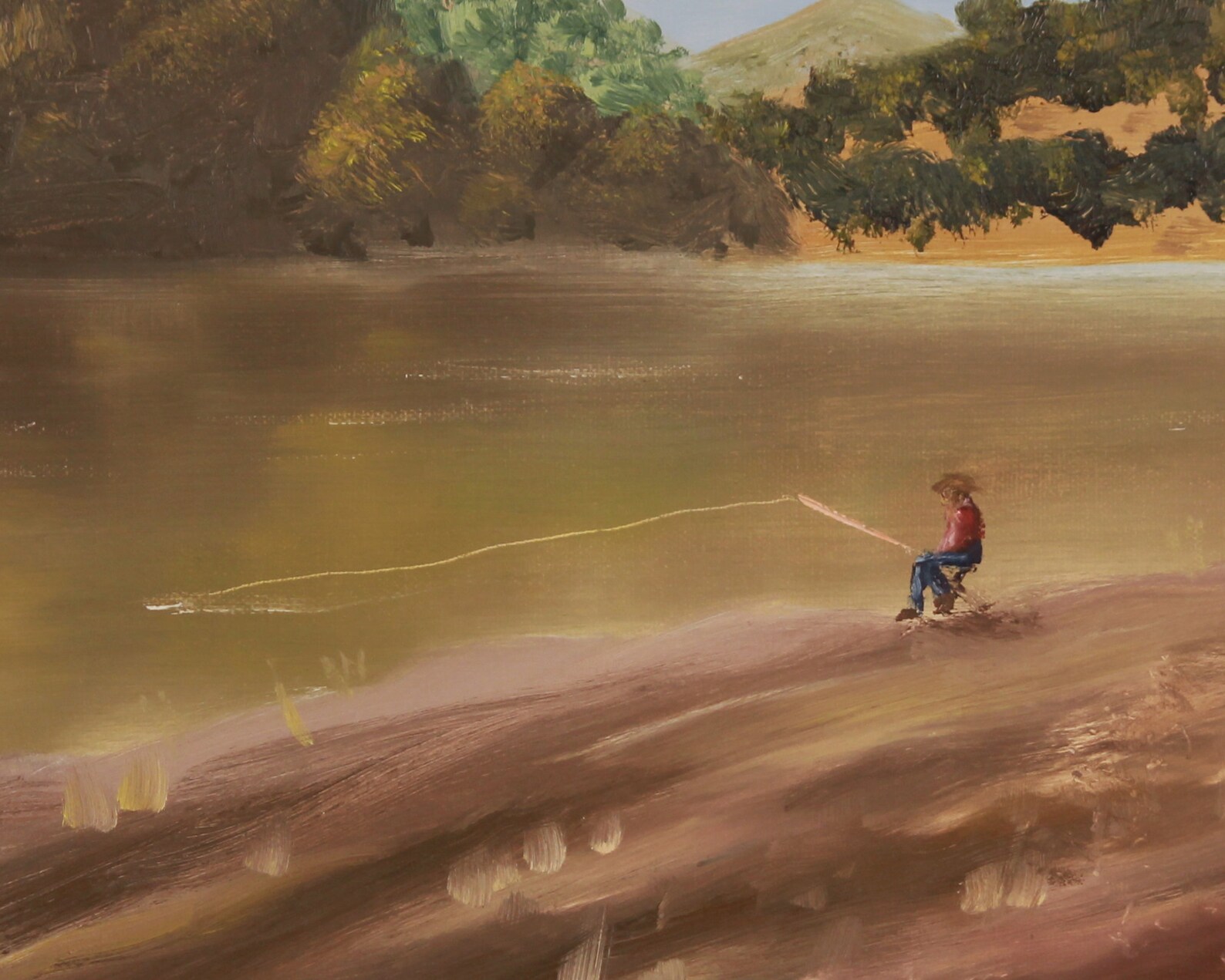 Fishing Original Oil Painting Fishing Wall Art Fisherman Lake Shore