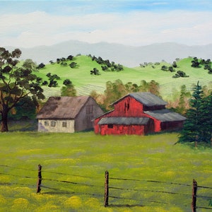 Napa Valley Wall Art - Red Barn Vineyard Painting - Vineyard Vines - Napa California - Wine Lover Gift American West Landscape Art PRINT