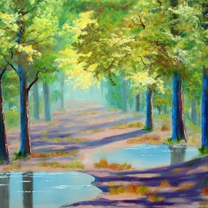 Forest Trees Wall Art - Sunlit Forest - Dappled Sunlight Trees - Aspen Grove Path - Colorado - Rain Reflections Painting  - Landscape PRINT