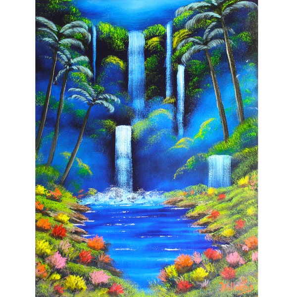 Hawaii Kauai Waterfall Wall Art - Waterfall Forest Art - Waterfall Decor - Paradise Fantasy Art - Original Oil Painting Landscape PRINT